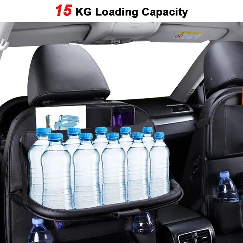 Car Seat Back Organizer with Foldable Table Tray - PU Leather Storage with Pockets & Kick Mats