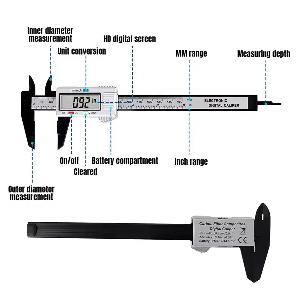 150mm Digital Caliper – Carbon Fiber Vernier Gauge with LCD Display