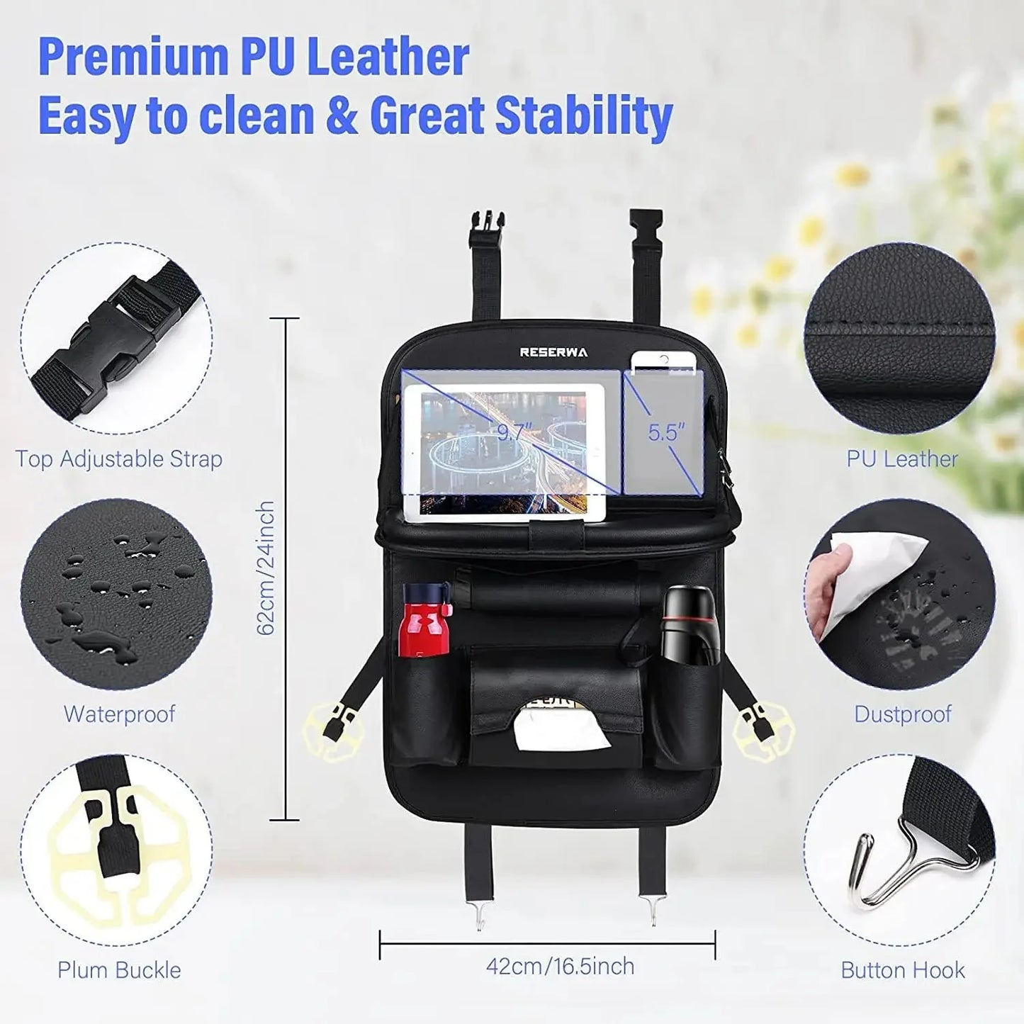 Car Seat Back Organizer with Foldable Table Tray - PU Leather Storage with Pockets & Kick Mats