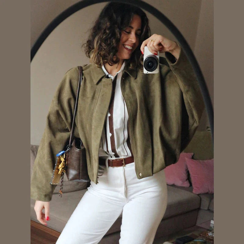 Women’s Suede Bomber Jacket - Cropped High Street Racing Style with Zipper