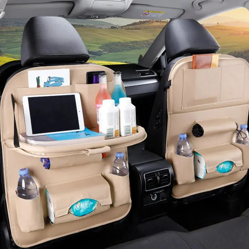 Car Seat Back Organizer with Foldable Table Tray - PU Leather Storage with Pockets & Kick Mats