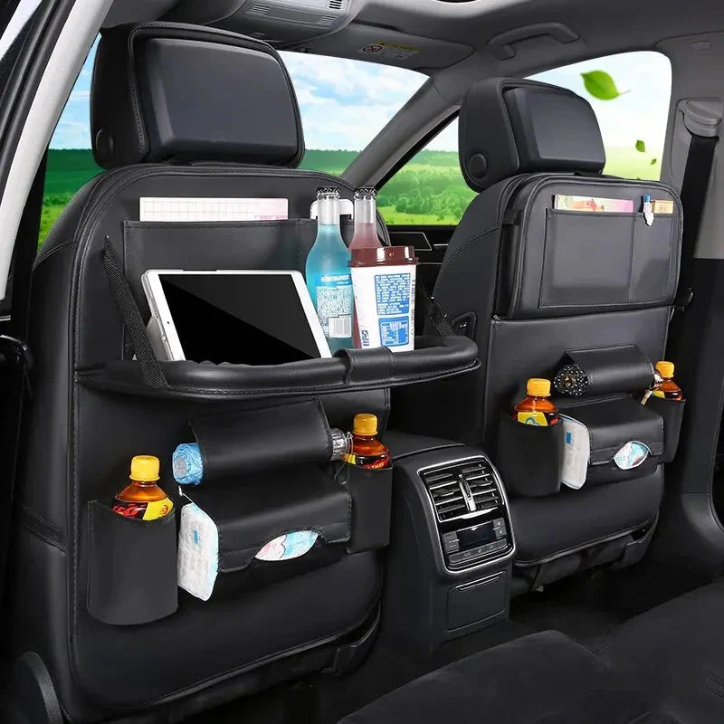 Car Seat Back Organizer with Foldable Table Tray - PU Leather Storage with Pockets & Kick Mats