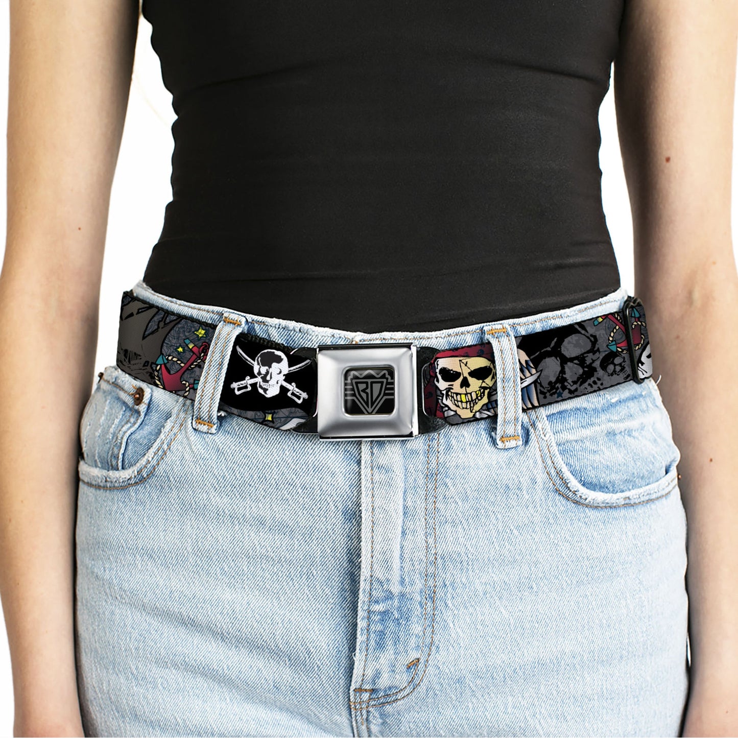 BD Wings Logo CLOSE-UP Full Color Black Silver Seatbelt Belt - Dead Men Tell No Tales Gray Webbing