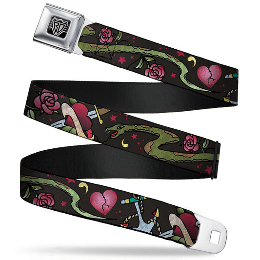 BD Wings Logo CLOSE-UP Full Color Black Silver Seatbelt Belt - Live Hard Die Young CLOSE-UP Black Webbing