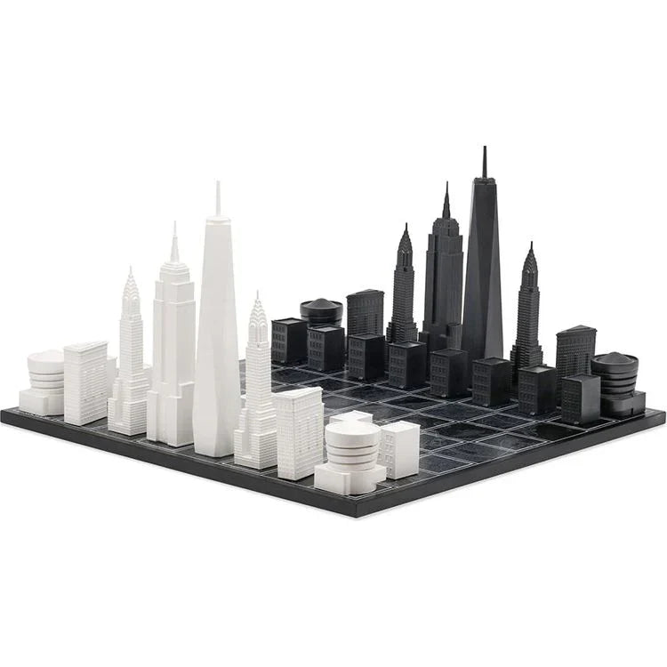 Chess Set Acrylic NEW YORK with Wood Map Board