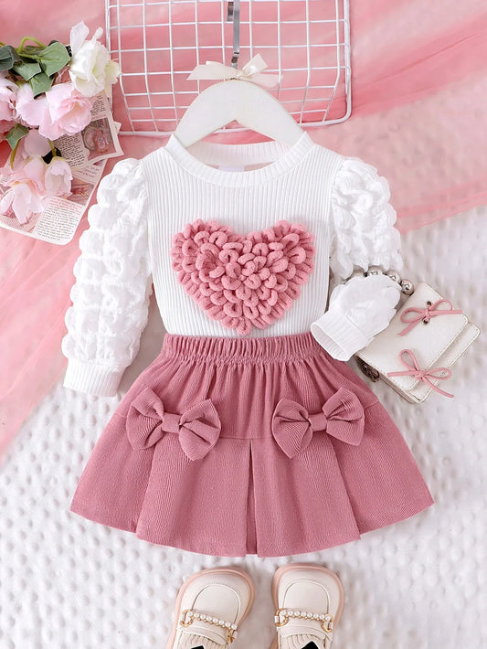 2PCS Winter Outfit for Girls – Cute Bubble Sleeve Top & Pink Skirt Set