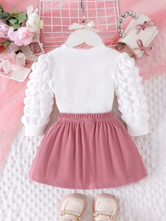2PCS Winter Outfit for Girls – Cute Bubble Sleeve Top & Pink Skirt Set