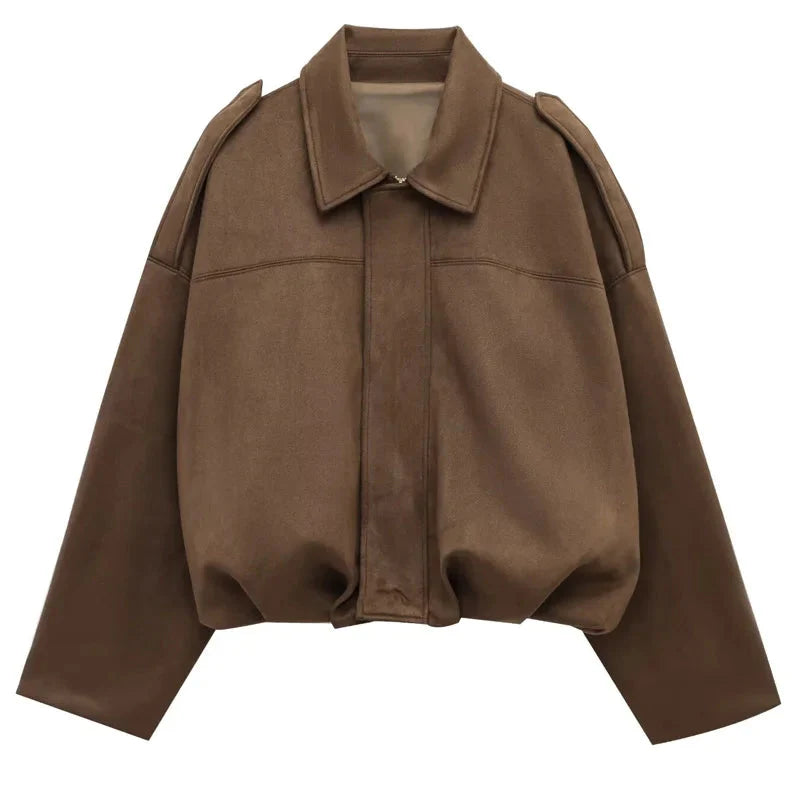 Women’s Suede Bomber Jacket - Cropped High Street Racing Style with Zipper