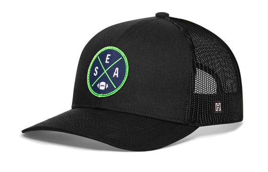 Seattle Trucker Hat  |  Black SEA X Football Snapback