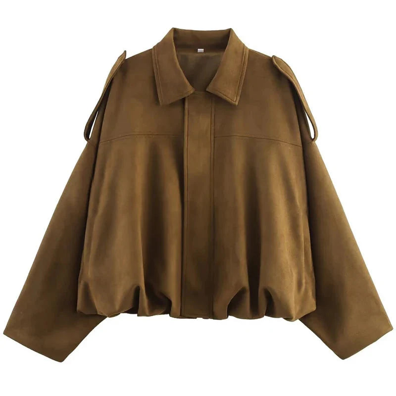 Women’s Suede Bomber Jacket - Cropped High Street Racing Style with Zipper