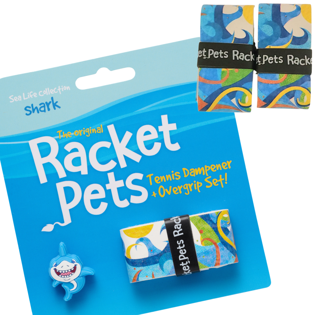 VALUE PACK - A Blue Shark Racket Pet Tennis Dampener and Blue Overgrip Tape with a (Pack of 2) Replacement Overgrip Tape