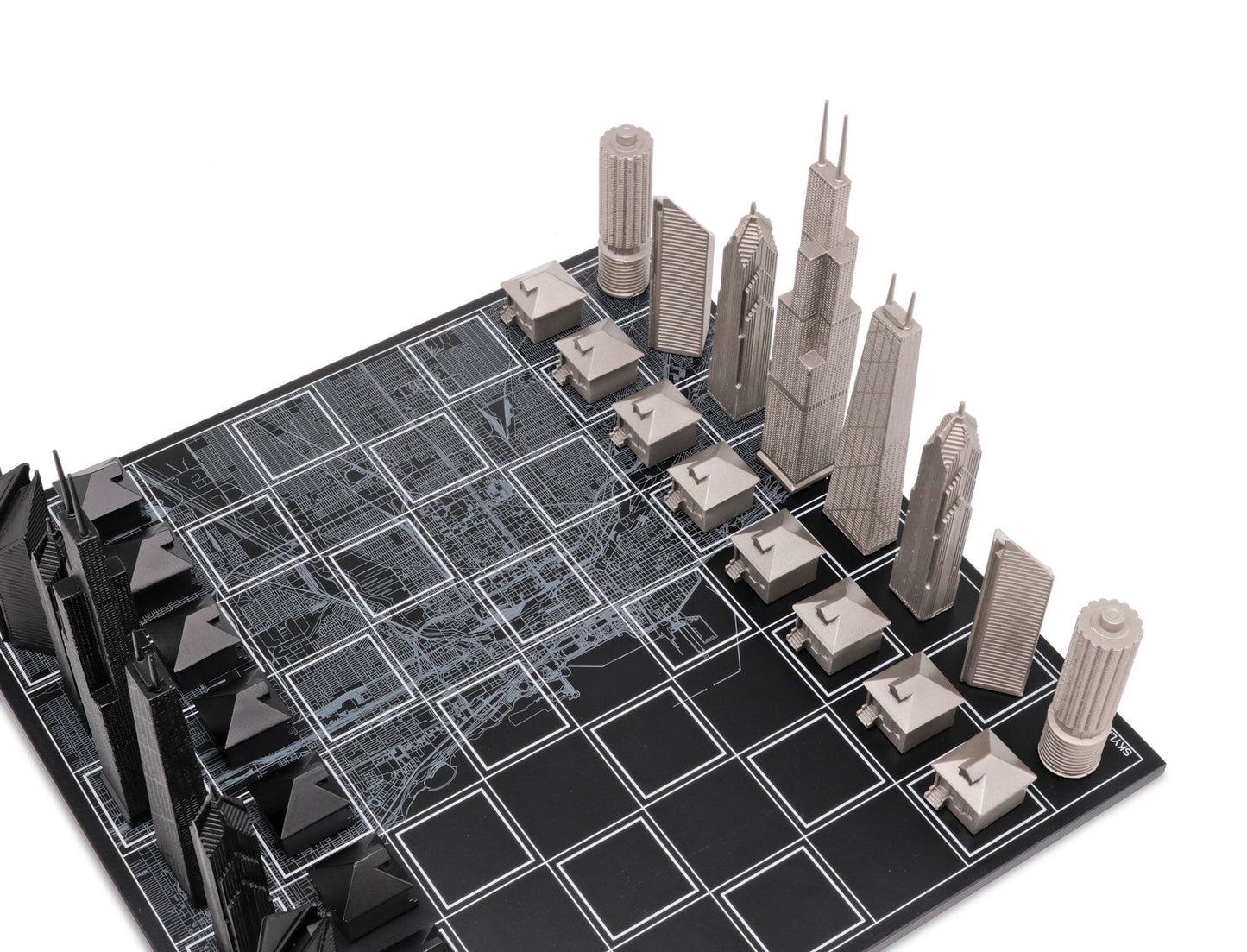 Chess Set Stainless Steel CHICAGO with Wood Map Board