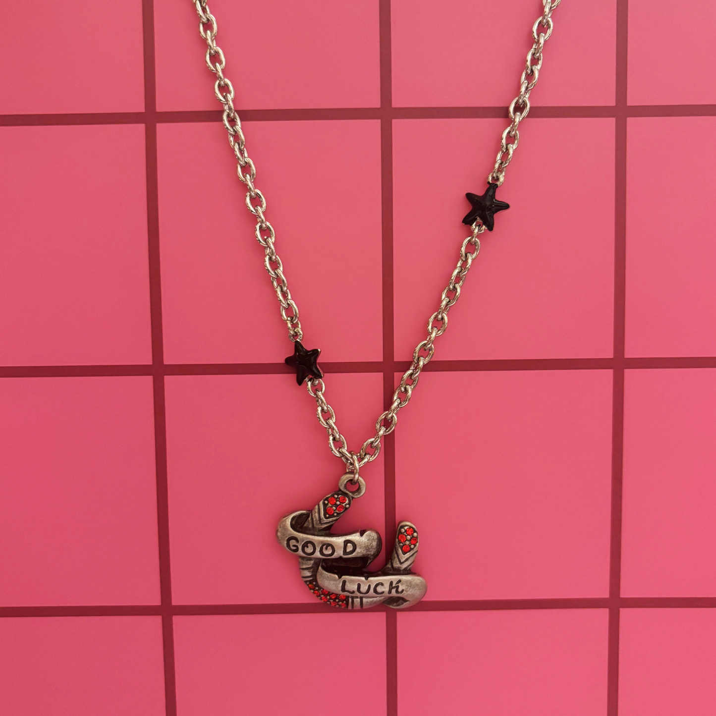 Sourpuss "Good Luck” Horseshoe Necklace with Red Rhinestones & Black Star Charms