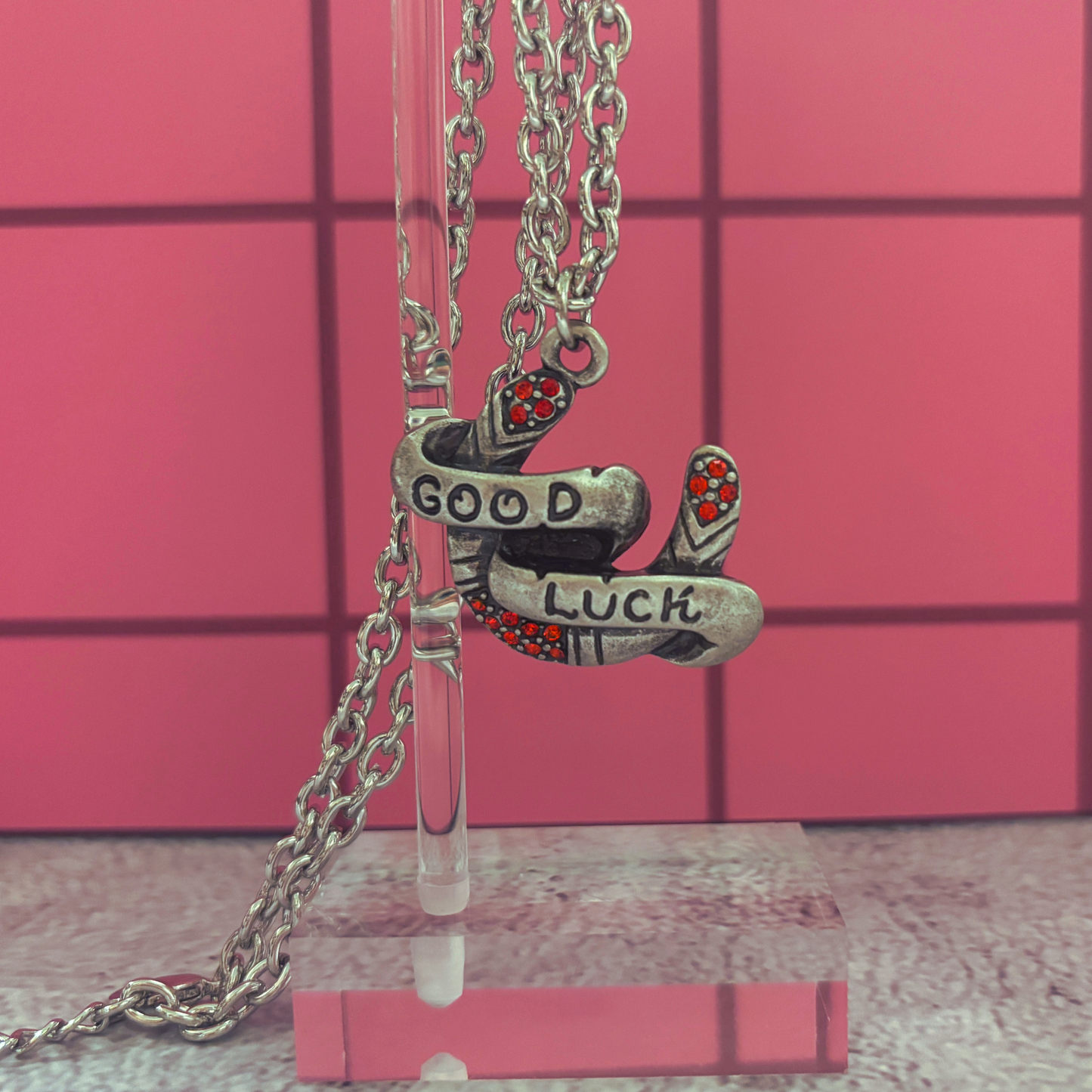 Sourpuss "Good Luck” Horseshoe Necklace with Red Rhinestones & Black Star Charms