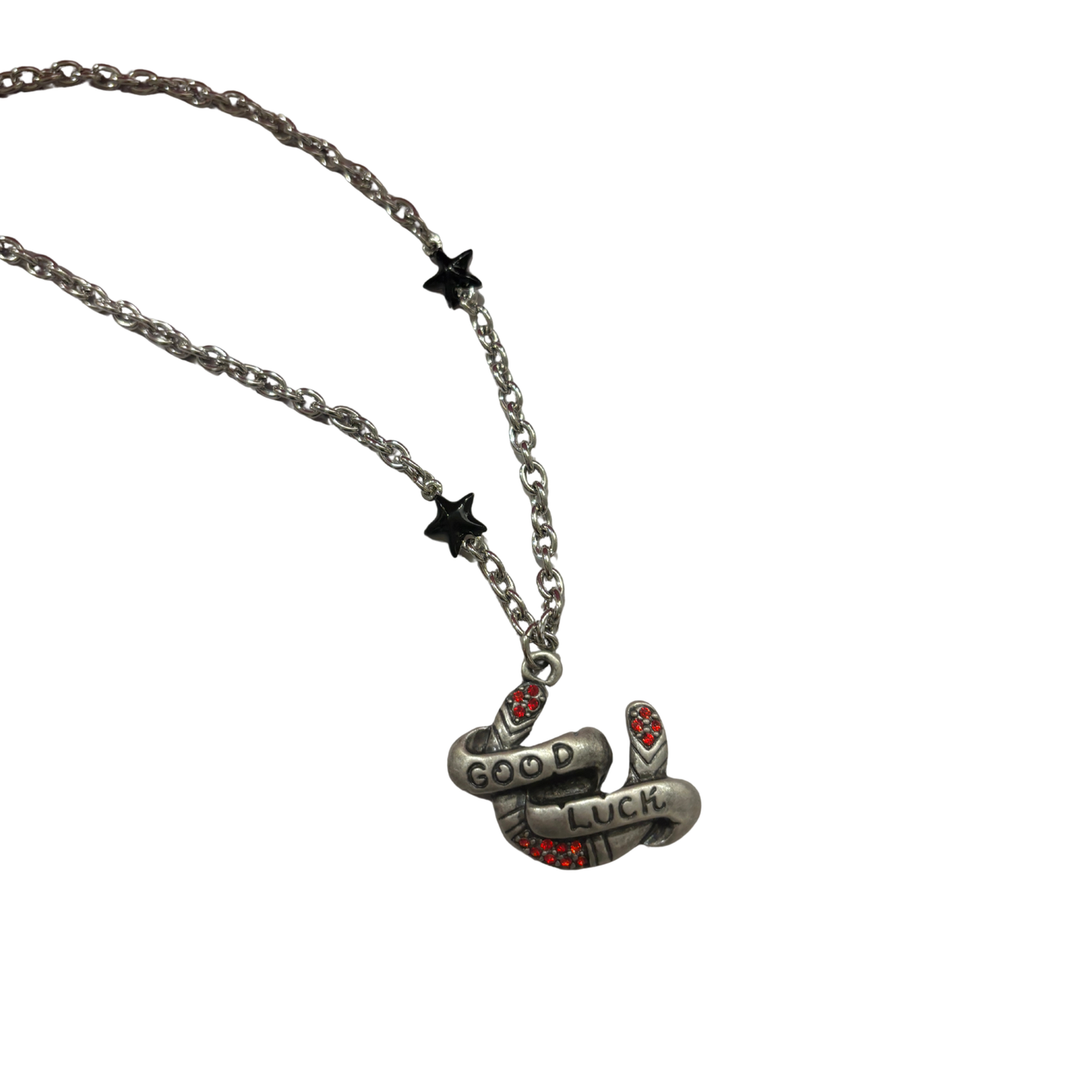 Sourpuss "Good Luck” Horseshoe Necklace with Red Rhinestones & Black Star Charms