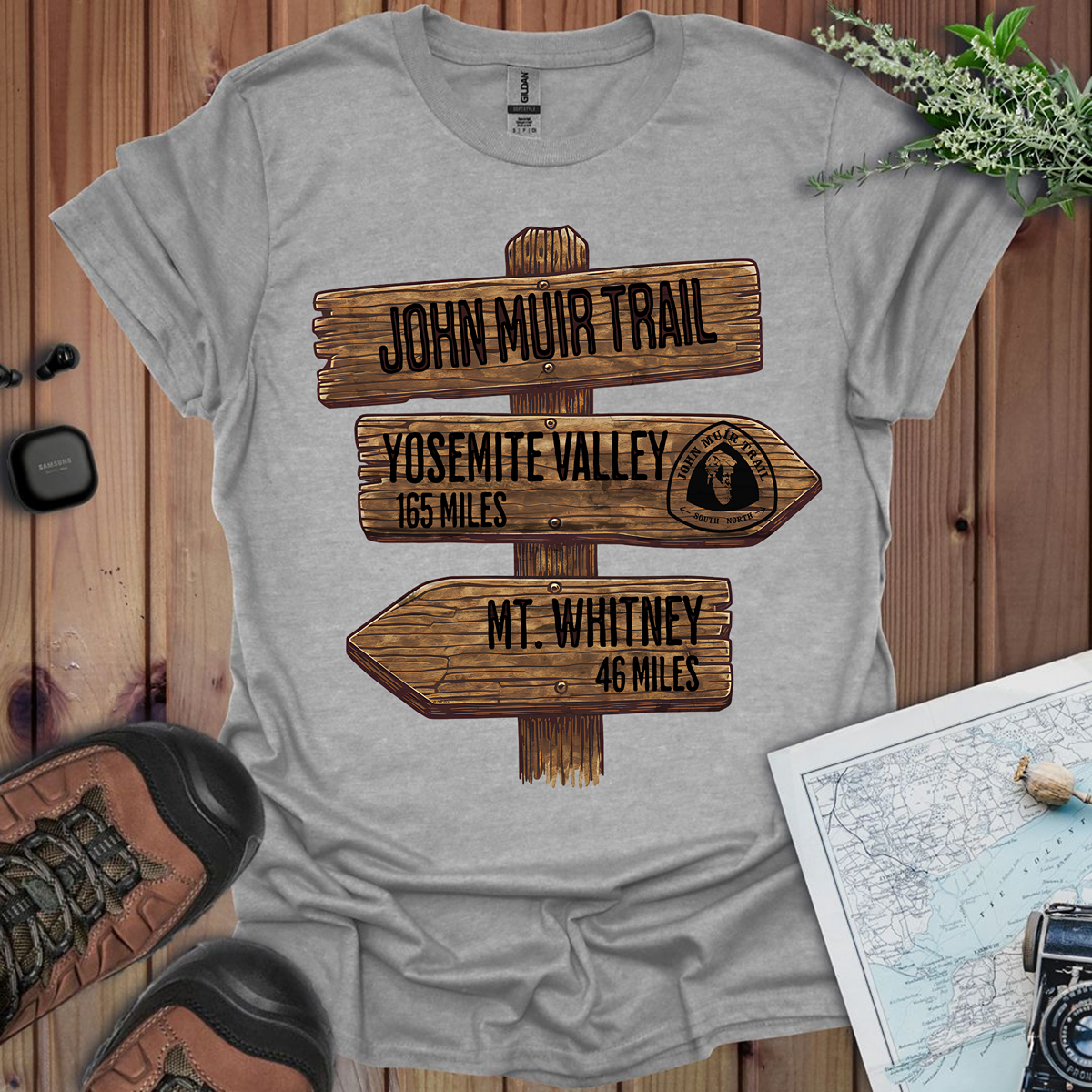 John Muir Trail T-Shirt Wood Sign 211 Miles
