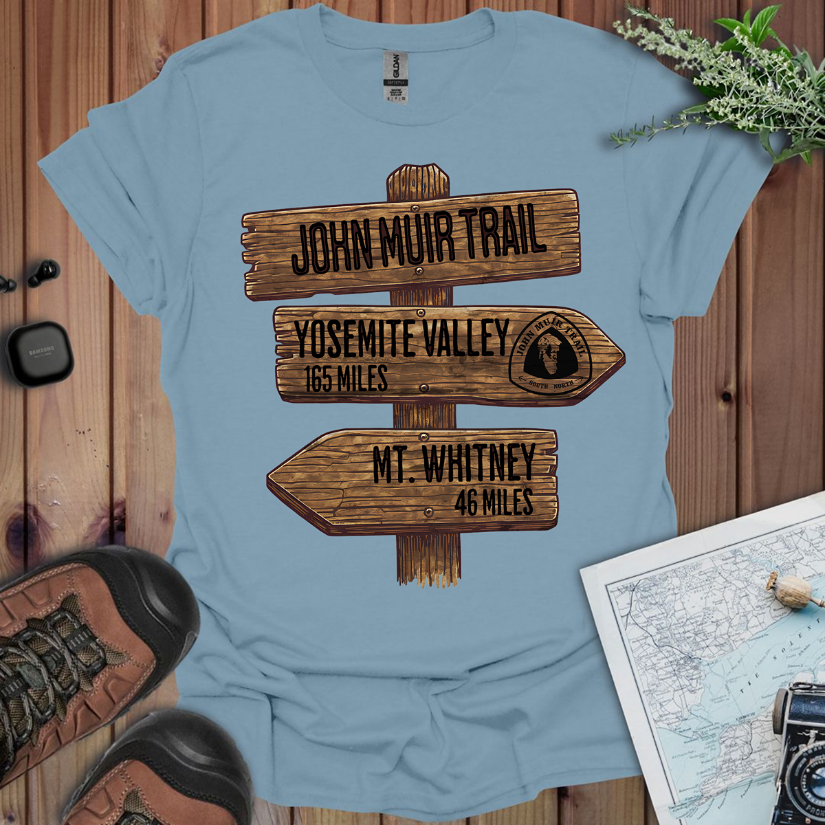 John Muir Trail T-Shirt Wood Sign 211 Miles
