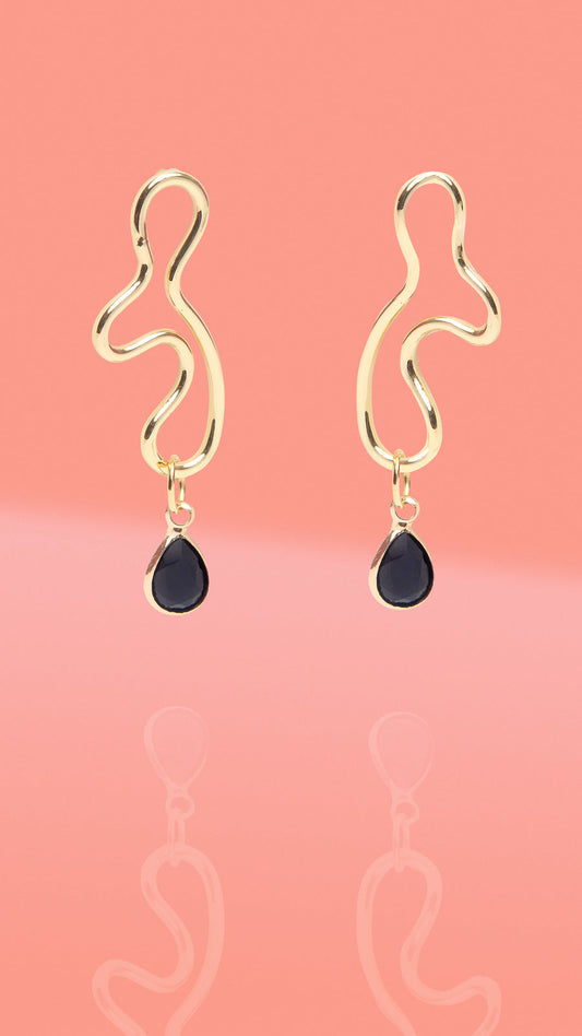 Abstract Wiggle Gold Plated Hoop Black Glass Charm