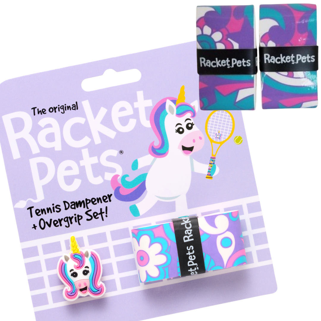 VALUE PACK - A Pink and Purple Unicorn Racket Pet Tennis Dampener and Overgrip Tape with a (Pack of 2) Replacement Overgrip Tape