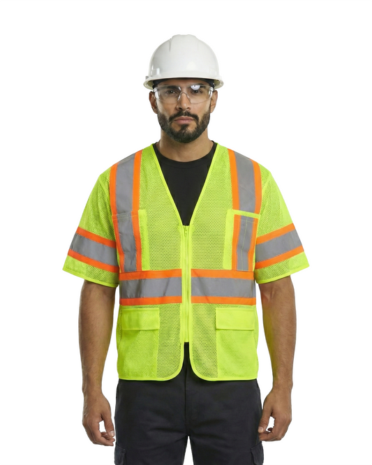 Kiwi High Visibility ANSI/ISEA 107-2020, Type R, Class 3 Contrast Trimmed Neon Short Sleeve Safety Vest [R72100]