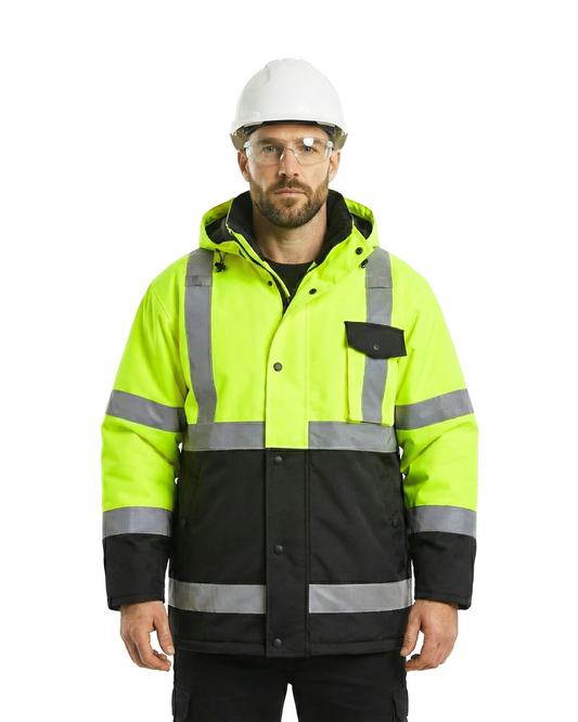 Kiwi High Visibility Hooded & Quilt Lined ANSI/ISEA 107-2020, Type R, Class 3 Two Tone Water Resistant Neon Safety Jacket [R71300]