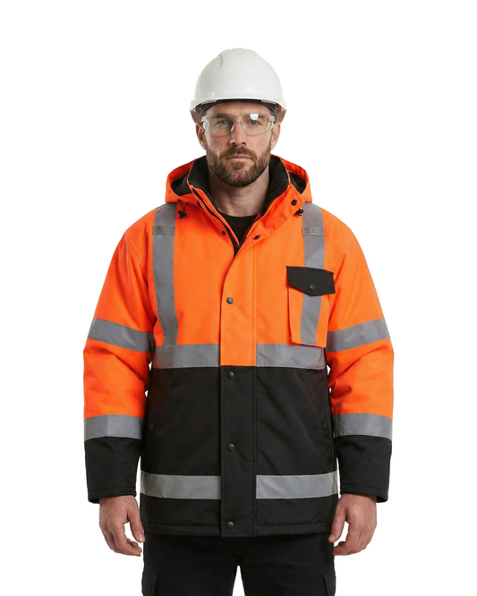 Kiwi High Visibility Hooded & Quilt Lined ANSI/ISEA 107-2020, Type R, Class 3 Two Tone Water Resistant Orange Safety Jacket [R71400]