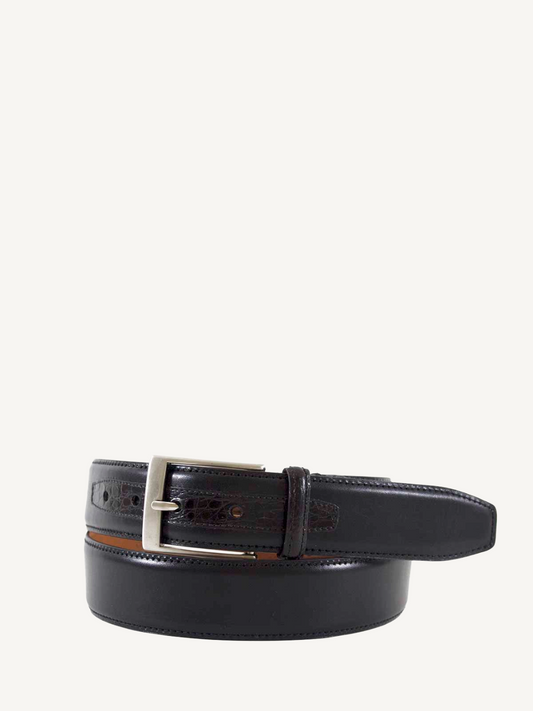 Black Leather Belt with Genuine Crocodile Tab Detail | 1 3/8" Width