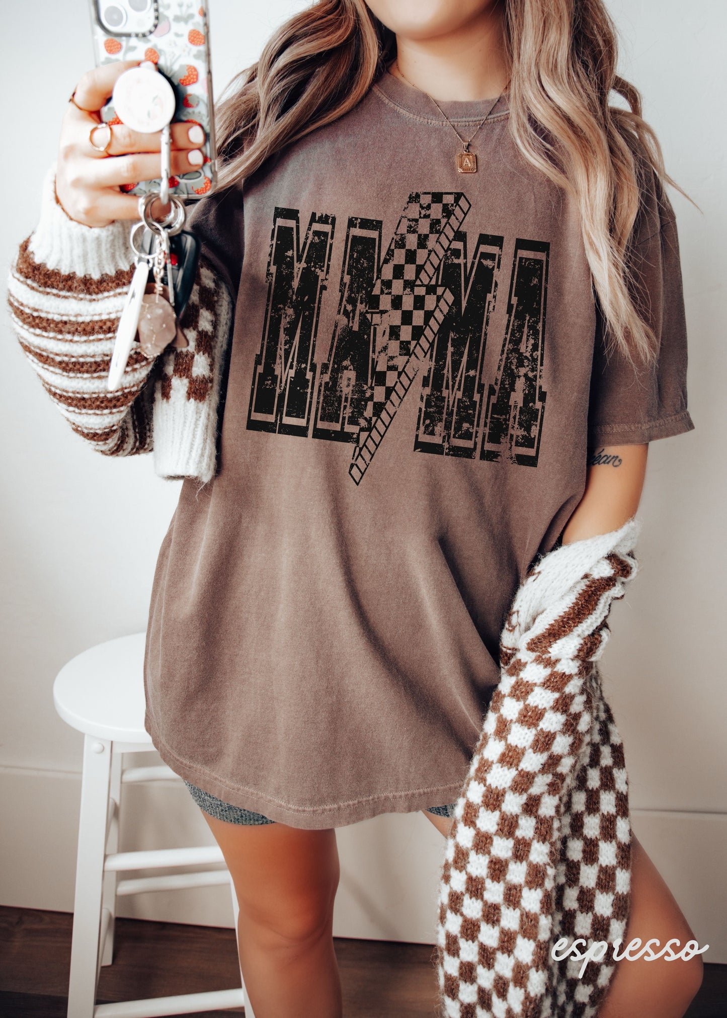 Checkered Bolt MAMA Tee *10 Colors Black Ink (S-3X)