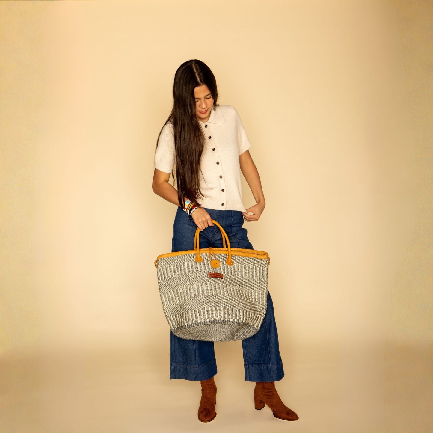 Ash Wisdom Striped Handwoven Sisal Straw Basket Tote