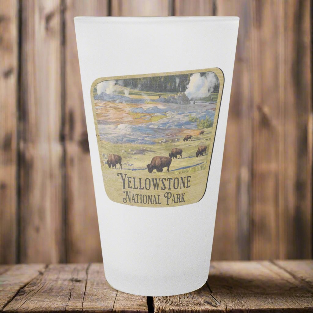 Yellowstone National Park Frosted Pint Glass Wood Sign
