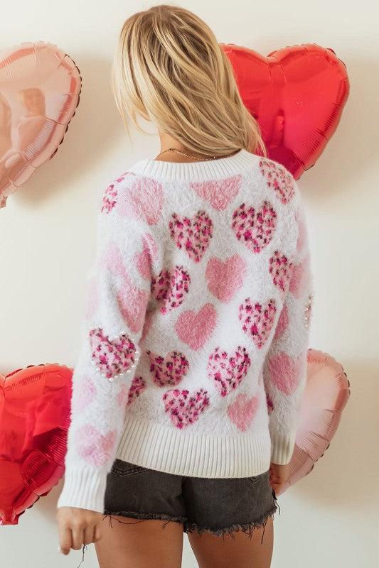 Heart Leopard Pearled Ribbed Trim Fuzzy Sweater