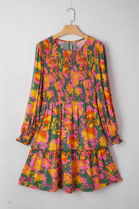 Floral Smocked Ruffle Hem Long Sleeve Mini Dress
