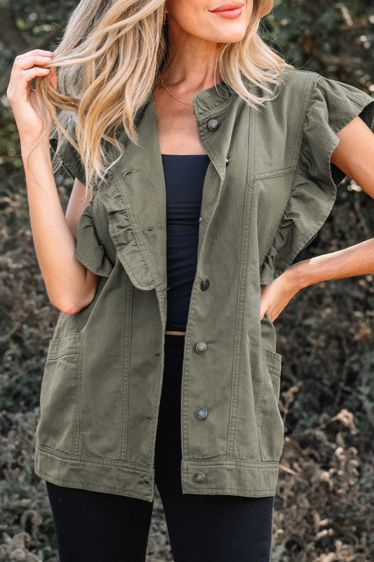 Denim Patchwork Ruffle Sleeve Jacket Vest