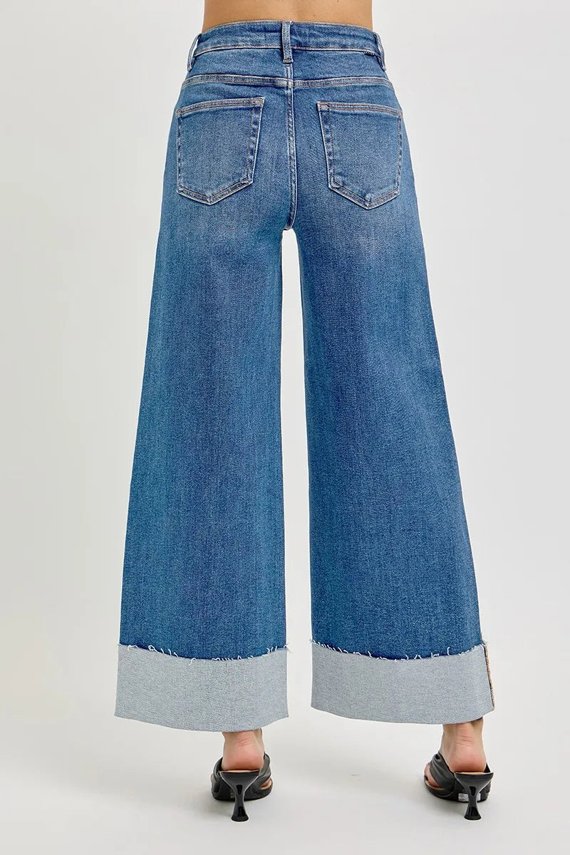 RISEN Full Size Tummy Control High Rise Crop Wide Cuffed Jeans Plus Size