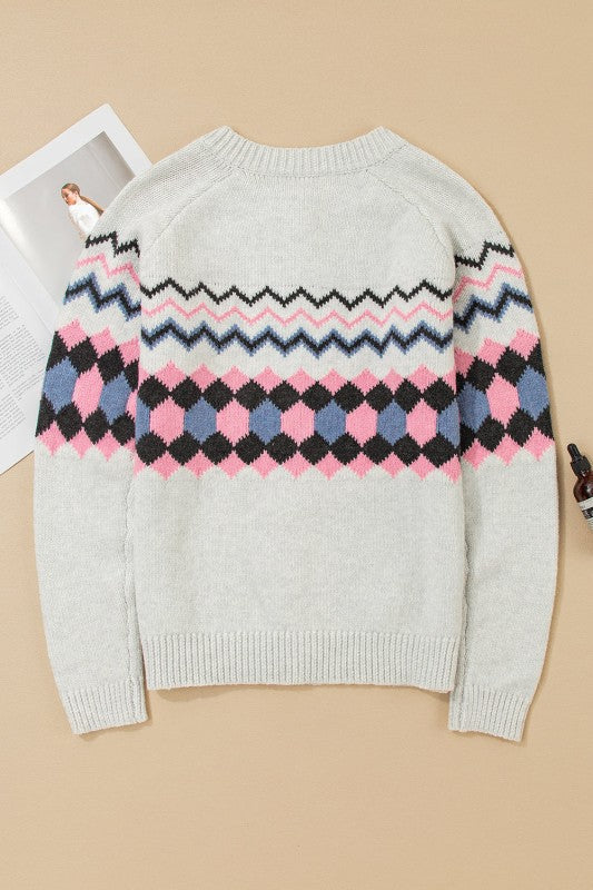 Stripe Geometric Button-Up Sweater Cardigan