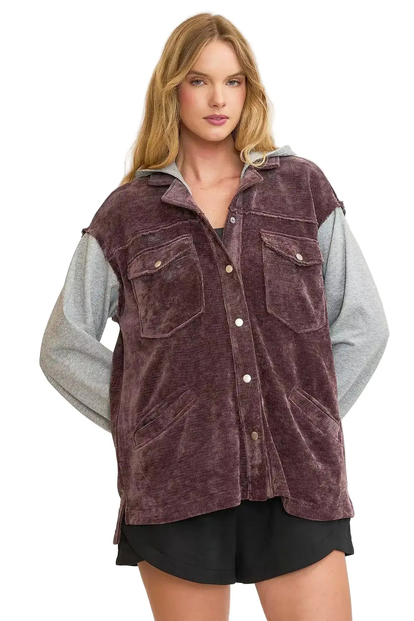 Umgee Contrast Hooded Chenille Jacket
