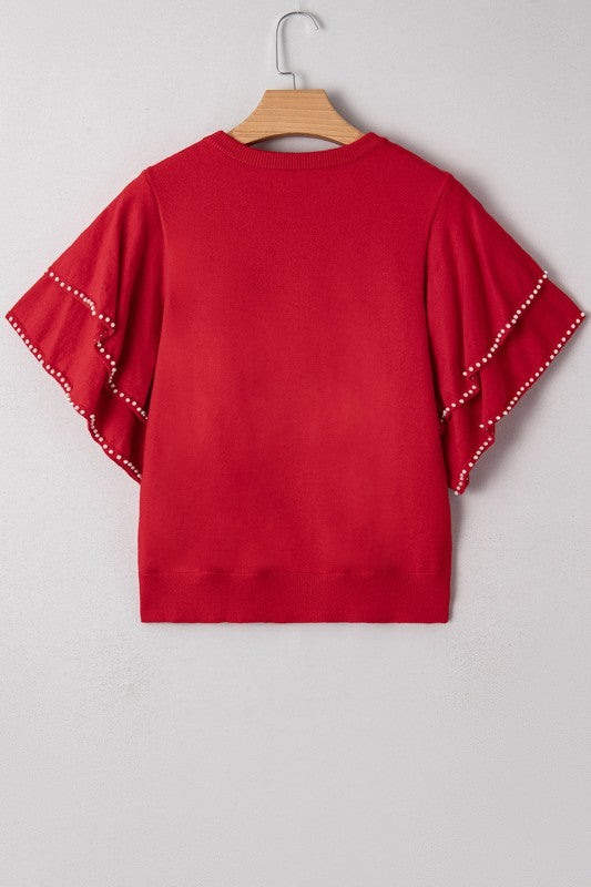 Solid Pearl Embellished Ruffle Sleeve Sweater
