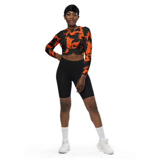 Black and Orange Spooky Paint Splatter Graffiti Long-Sleeve Fitted Crop Top