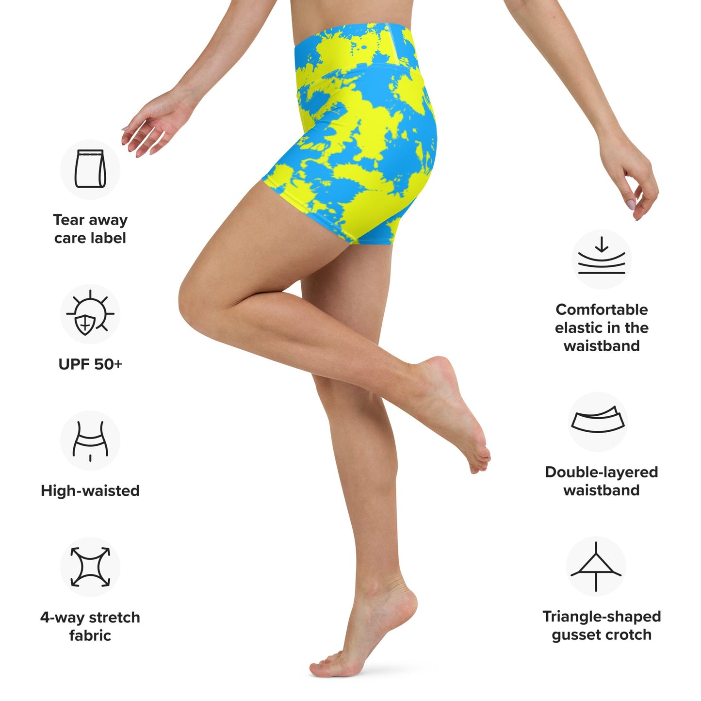 Yellow and Blue Paint Splatter Rave Ready Yoga Shorts w/ Inside Pocket