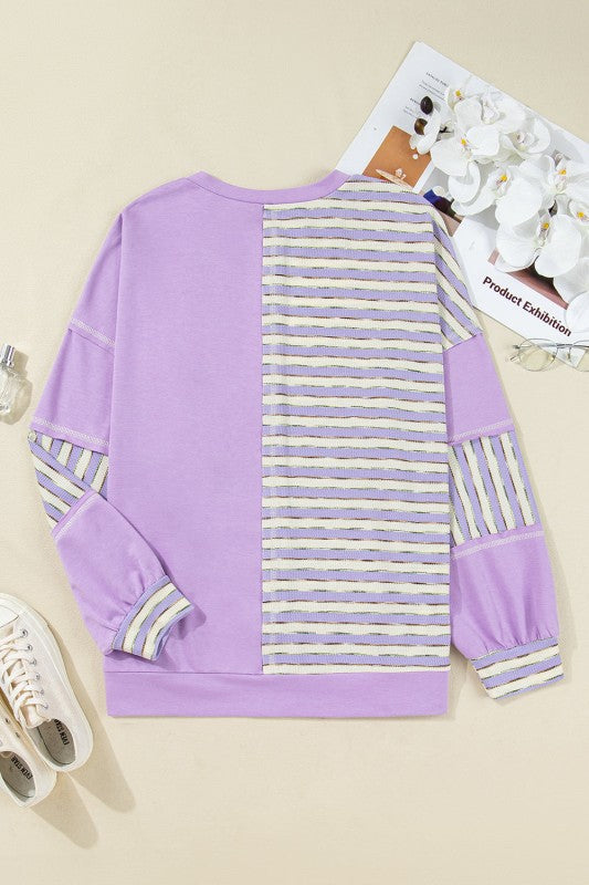 Plus Size Stripe Patchwork Drop Shoulder Pullover