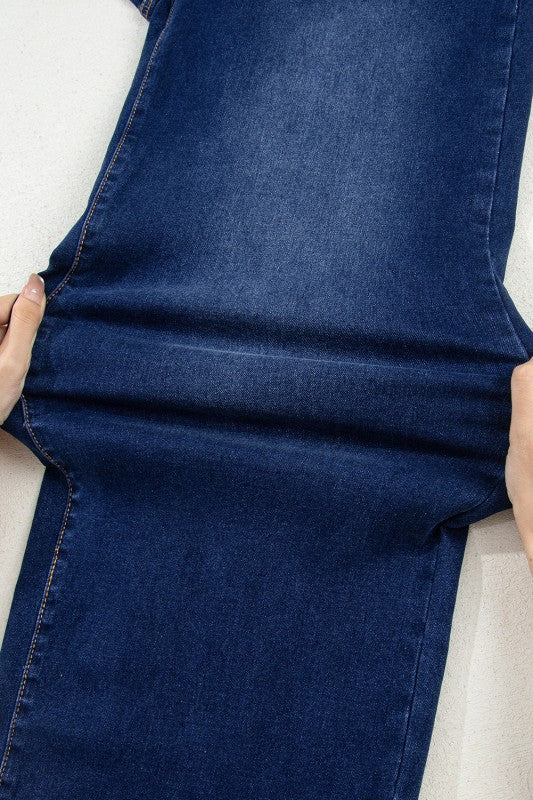 Denim High Waist Patch Pocket Straight Leg Jeans