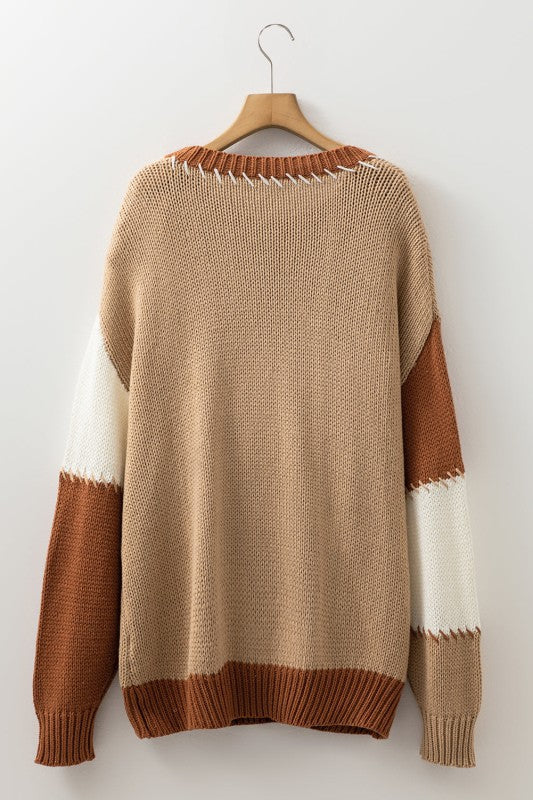Plus Size Colorblock Knit Contrast Stitch Sweater