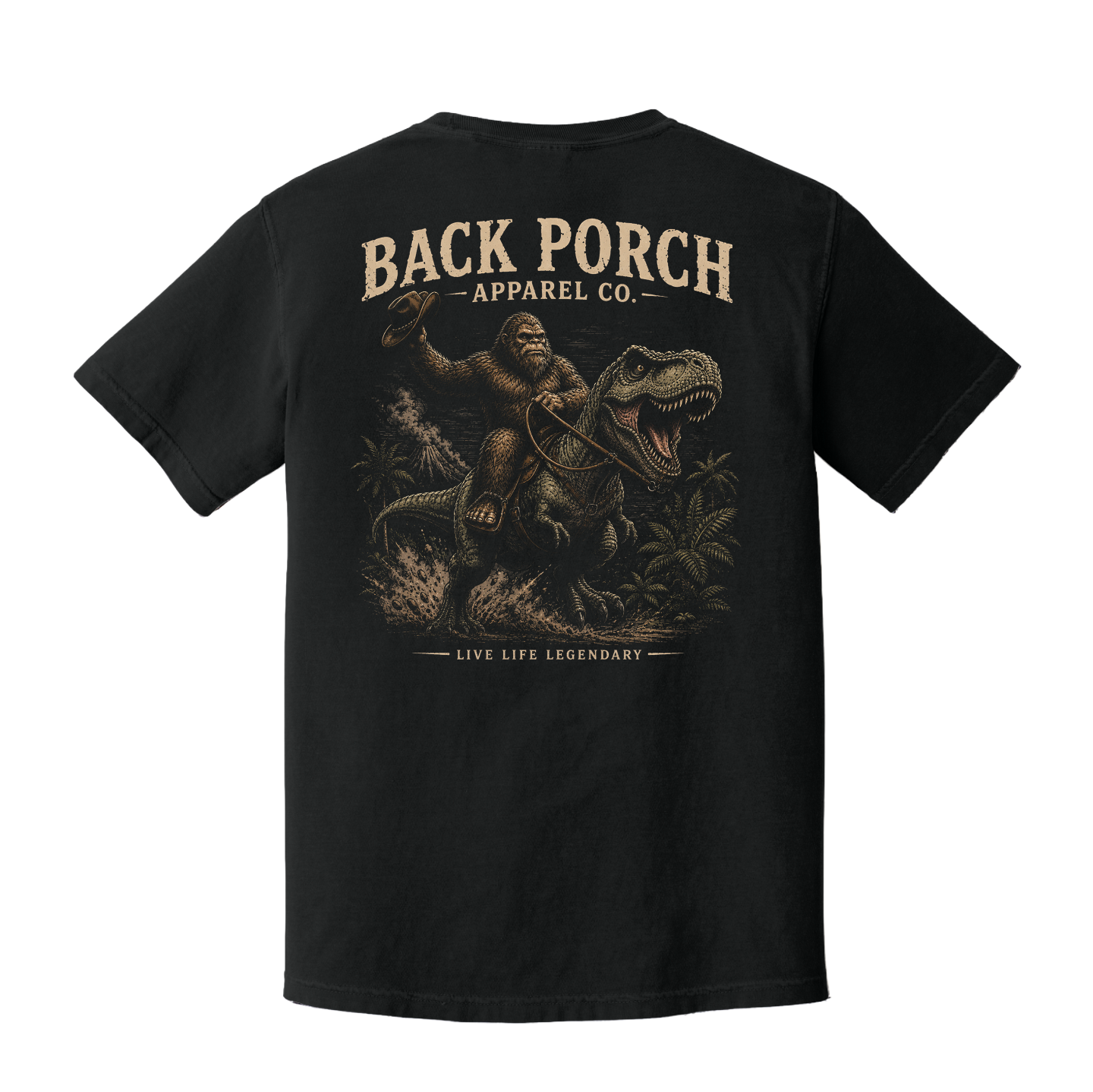 Back Porch Apparel Bigfoot Riding T-Rex Comfort Colors Graphic Tee