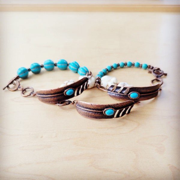 Blue Melon Turquoise Bracelet on Copper Feather