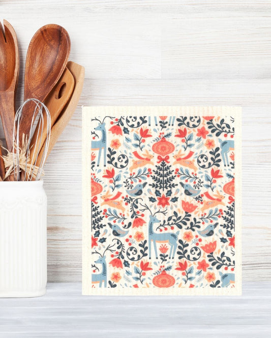 Blue Reindeer in Flowers Swedish dishcloth | Christmas & Winter