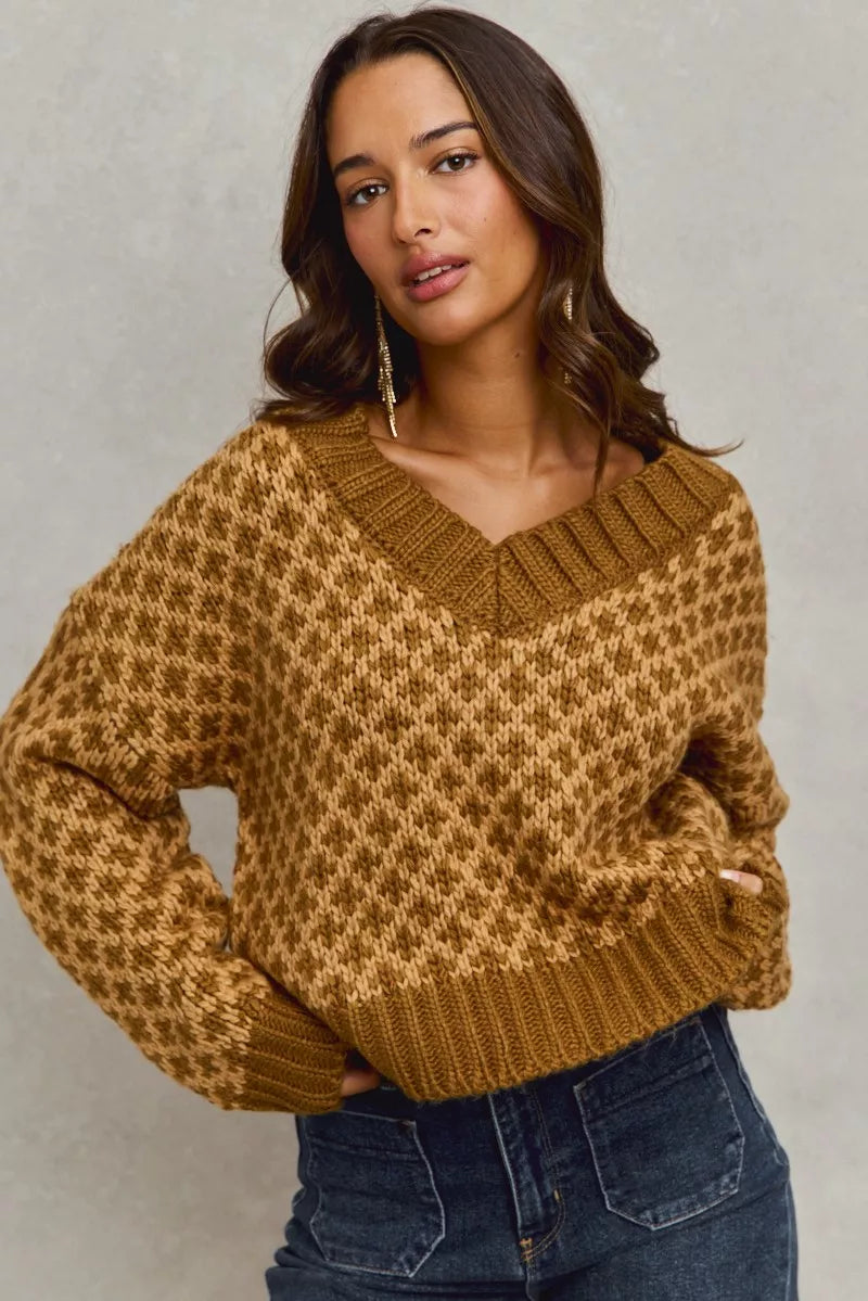 SO ME Color Block Textured Christmas Sweater V Neck Top