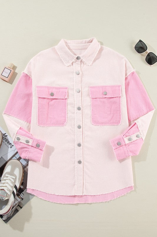 Colorblock Corduroy Reverse Seam Pocketed Shacket