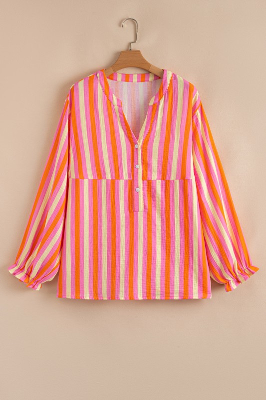 Plus Size Stripe Crinkled Half-Button Blouse