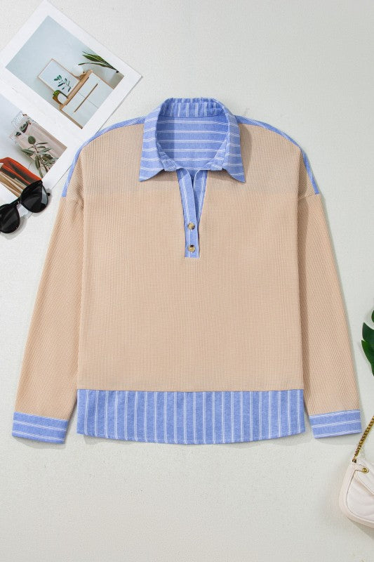 Plus Size Stripe Contrast Trim Waffle Knit Top