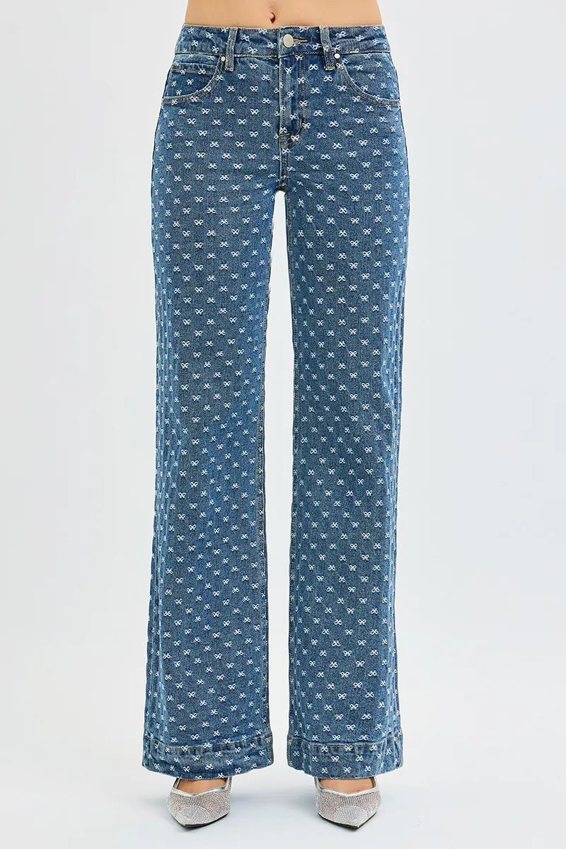 RISEN High Rise Wide Leg Bow Embroidered Jeans